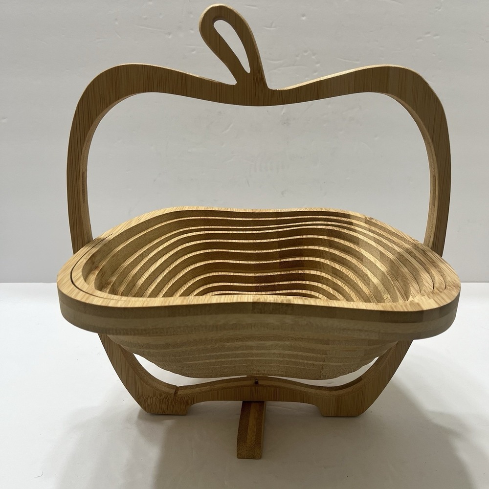 Vintage Spiral Cut Collapsible Wooden Basket On Tray Apple Shape Handle Stem - Picture 5 of 7